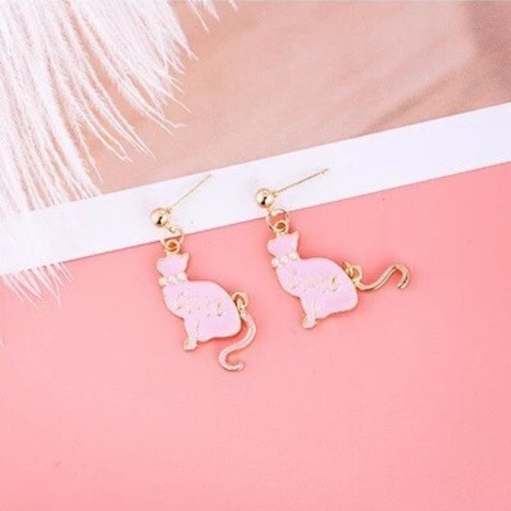 Pink Kitty Cat Dangle Earrings